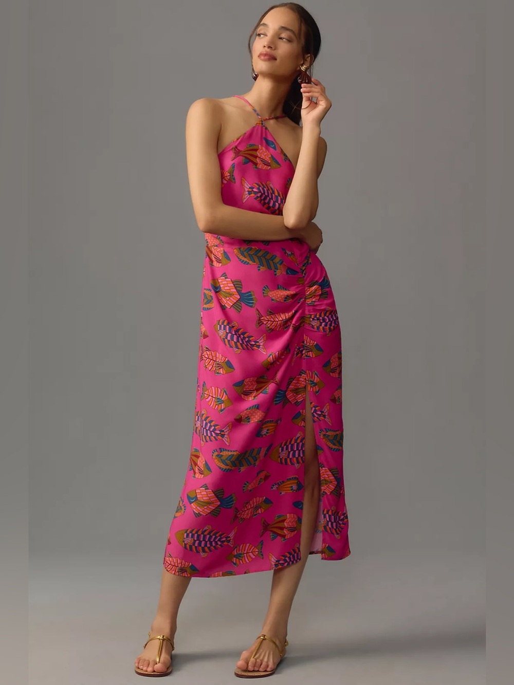 Farm Rio Anthropologie Pink Tropical Fish Print Halter Slim Midi Dress XXS